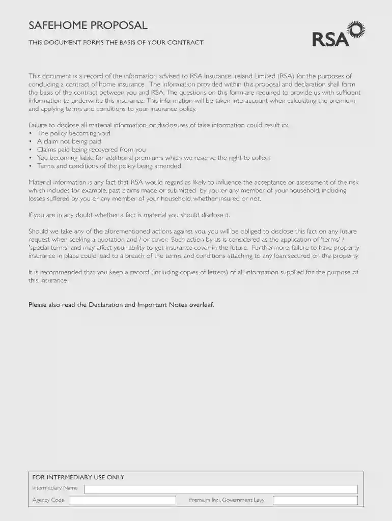 Safehome Proposal Form - RSA Ireland Preview on Page 1
