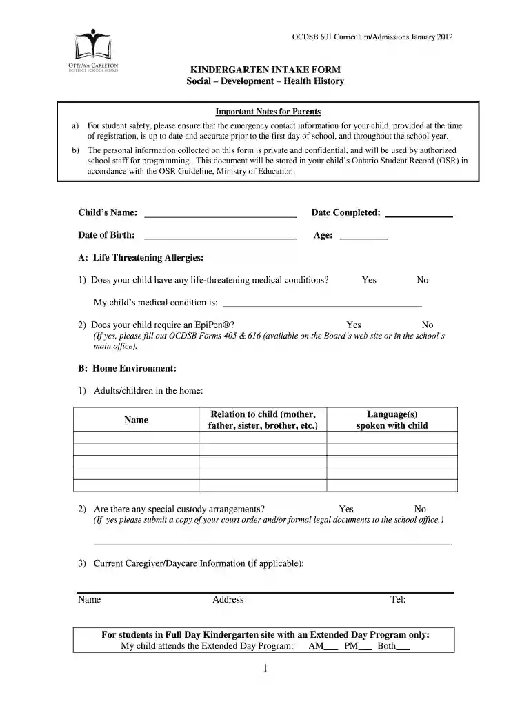 ocdsb kindergarten intake form Preview on Page 1