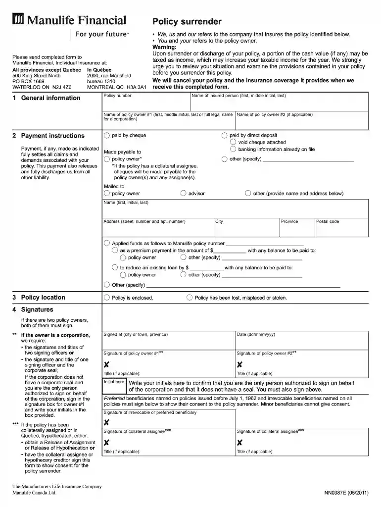manulife surrender form Preview on Page 1