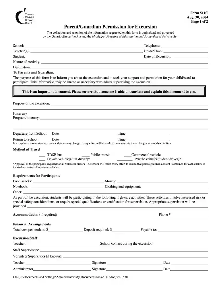 tdsb permission form Preview on Page 1