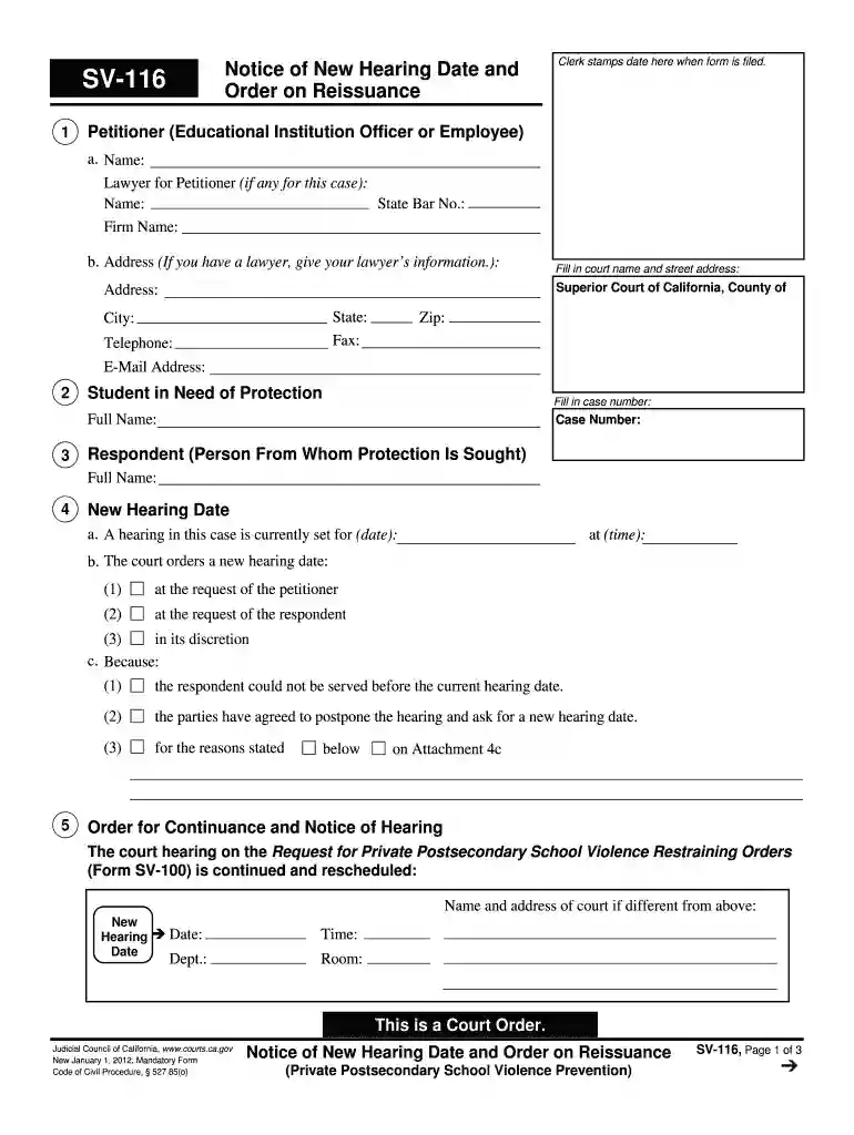 SV-116 Notice of New Hearing Date and Order on Reissuance Judicial Council forms - courts ca Preview on Page 1