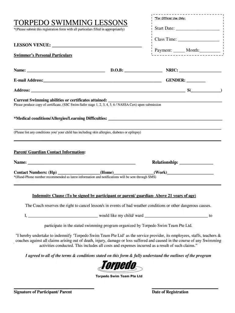 swim lesson registration form template Preview on Page 1
