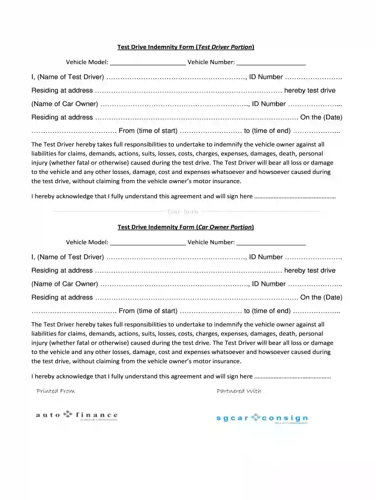 test drive agreement form Preview on Page 1