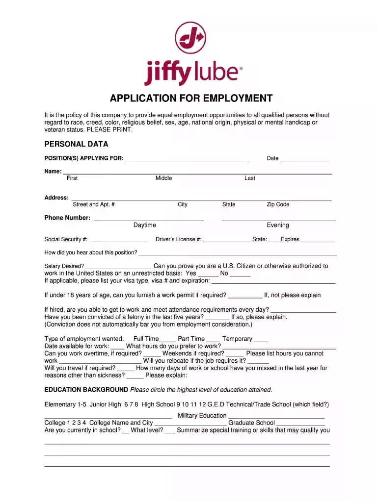 jiffy lube application online Preview on Page 1