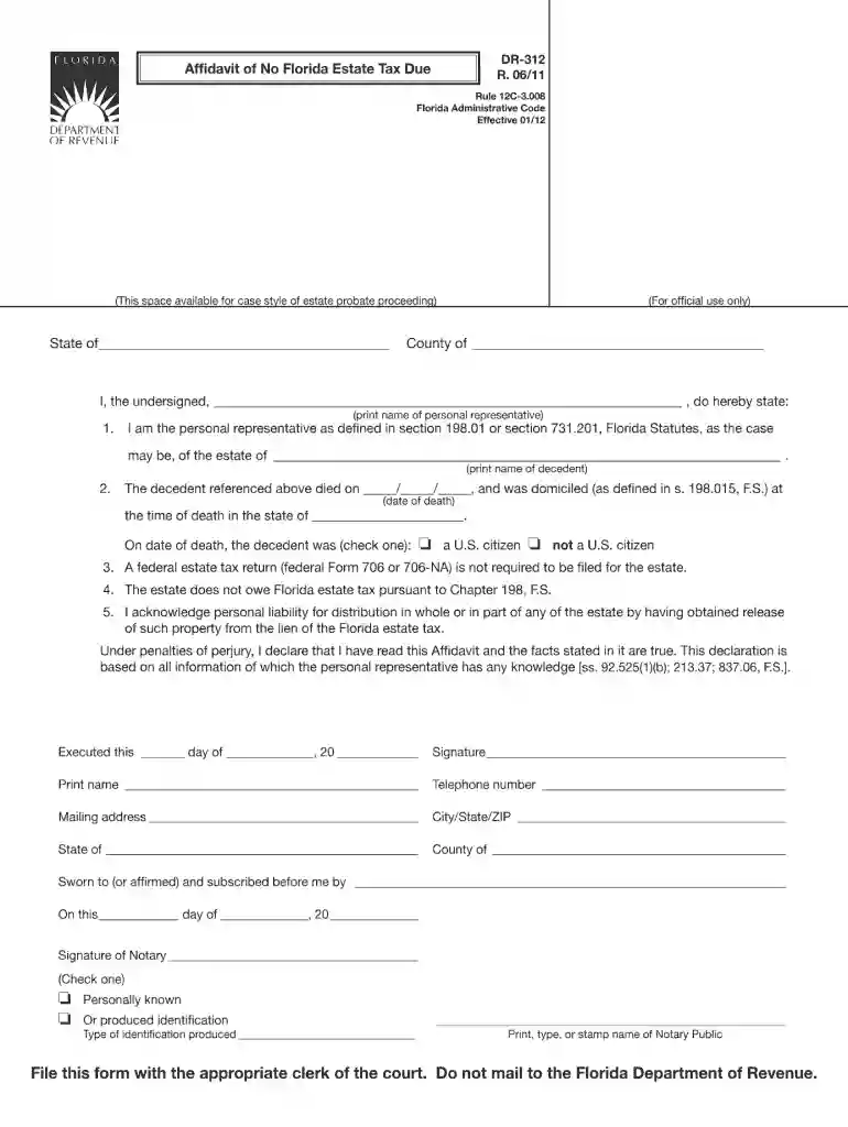 affidavit of no florida estate tax due fillable form Preview on Page 1