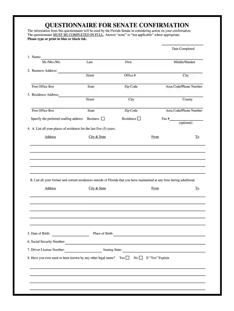 questionnaire florida fill Preview on Page 1