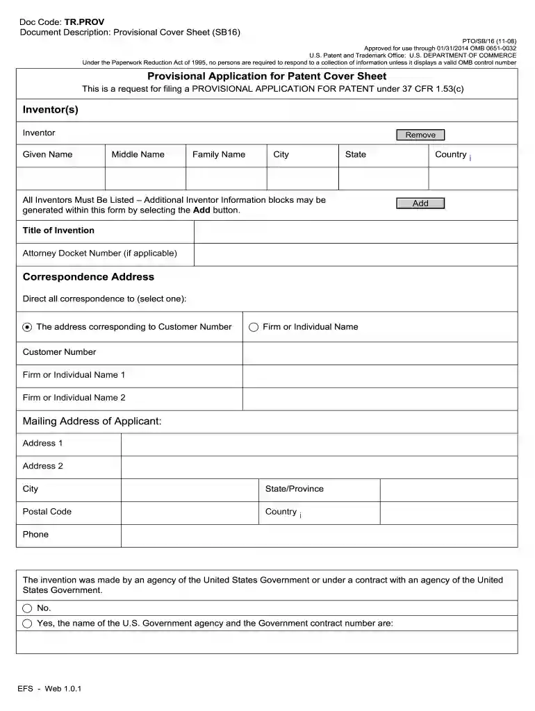 provisional application for patent cover sheet Preview on Page 1