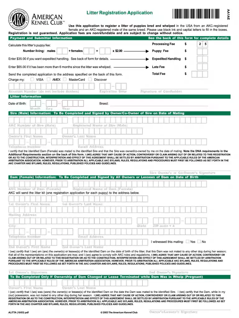 akc litter registration form Preview on Page 1