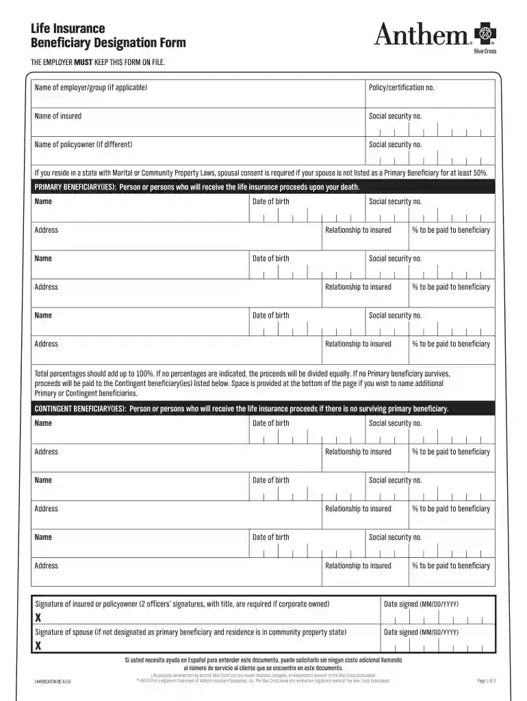 anthem life insurance beneficiary claim form Preview on Page 1