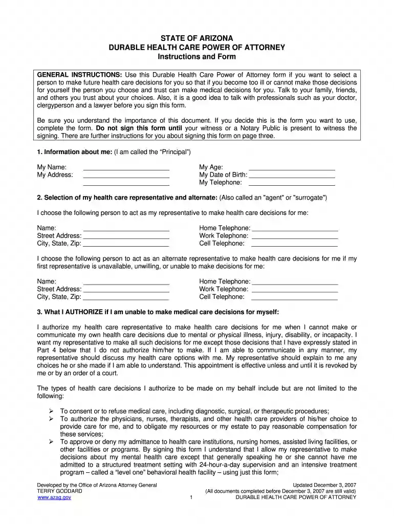 arizona durable power of attorney form pdf Preview on Page 1