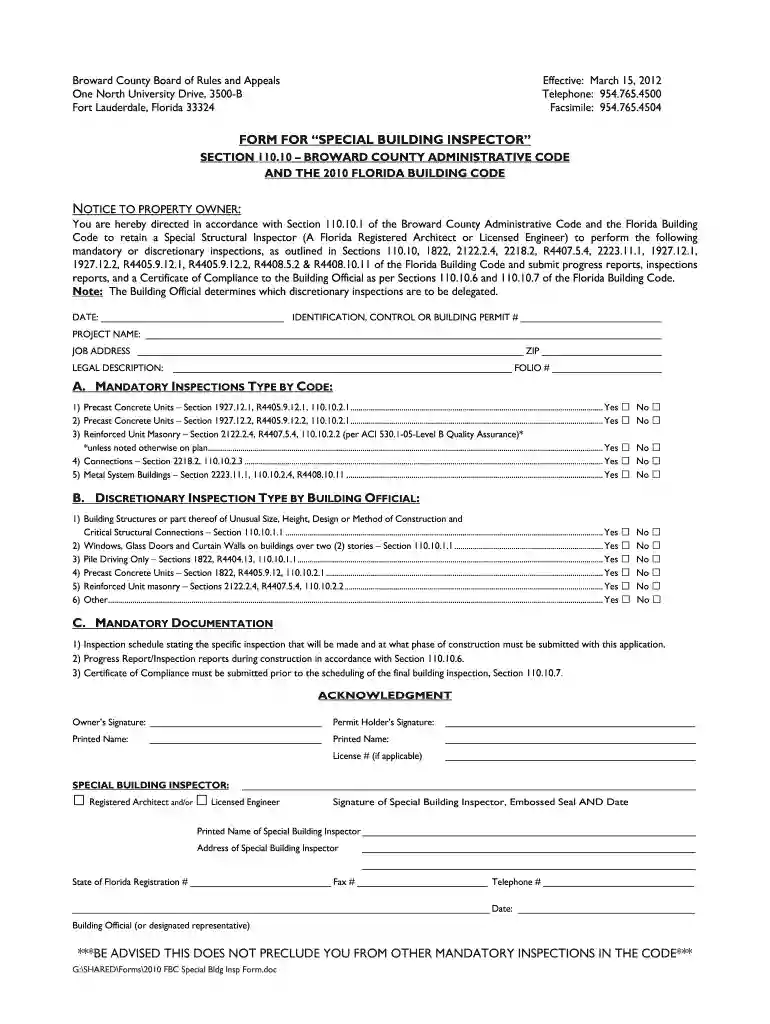 broward county special inspector form Preview on Page 1