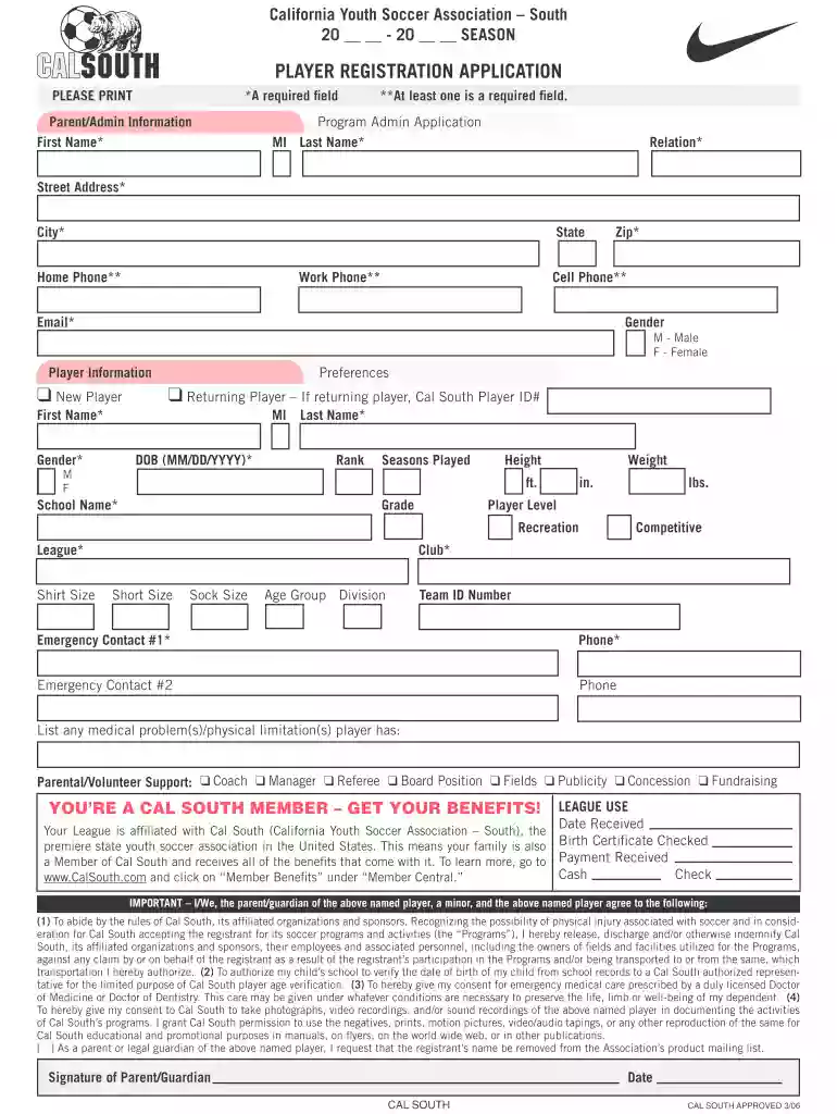 cal south player registration form Preview on Page 1