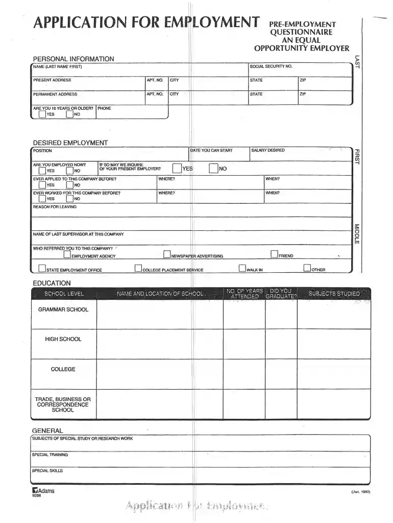 adams 9288 fill in application Preview on Page 1