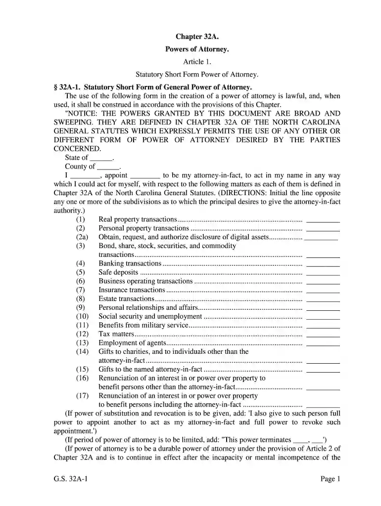 power of attorney form nc Preview on Page 1