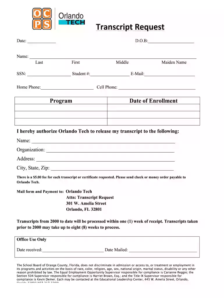 Print the transcript request form - Orlando Tech Preview on Page 1