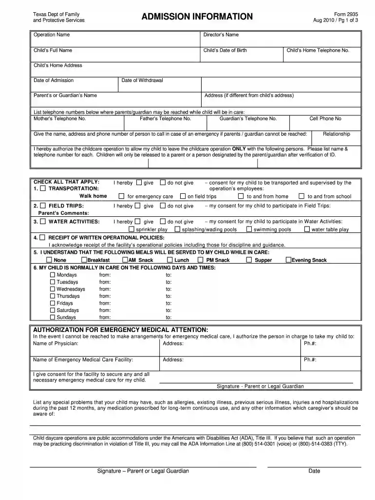 admission form 2935 Preview on Page 1