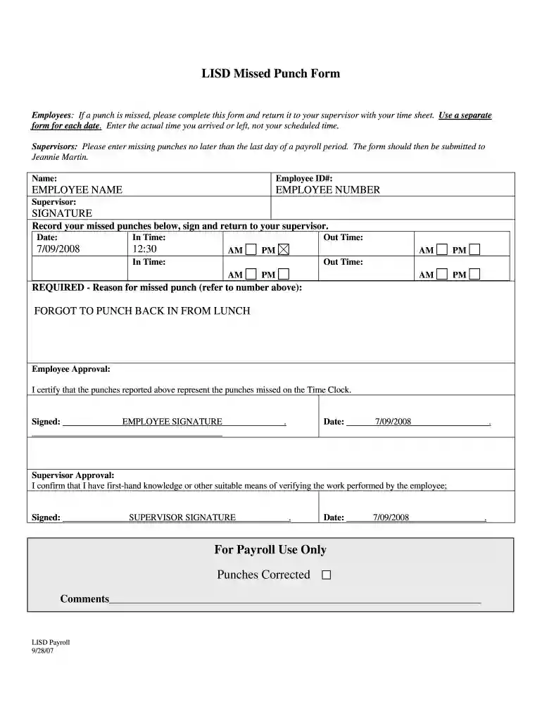 missed punch form word document Preview on Page 1