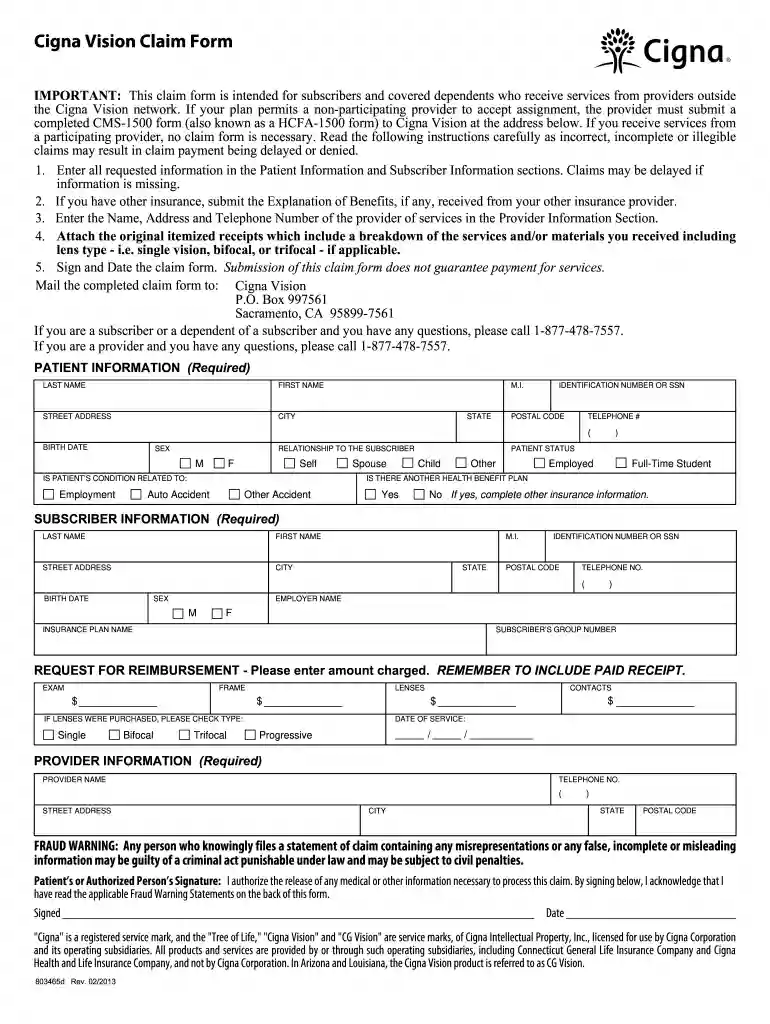 cigna vision claim form Preview on Page 1