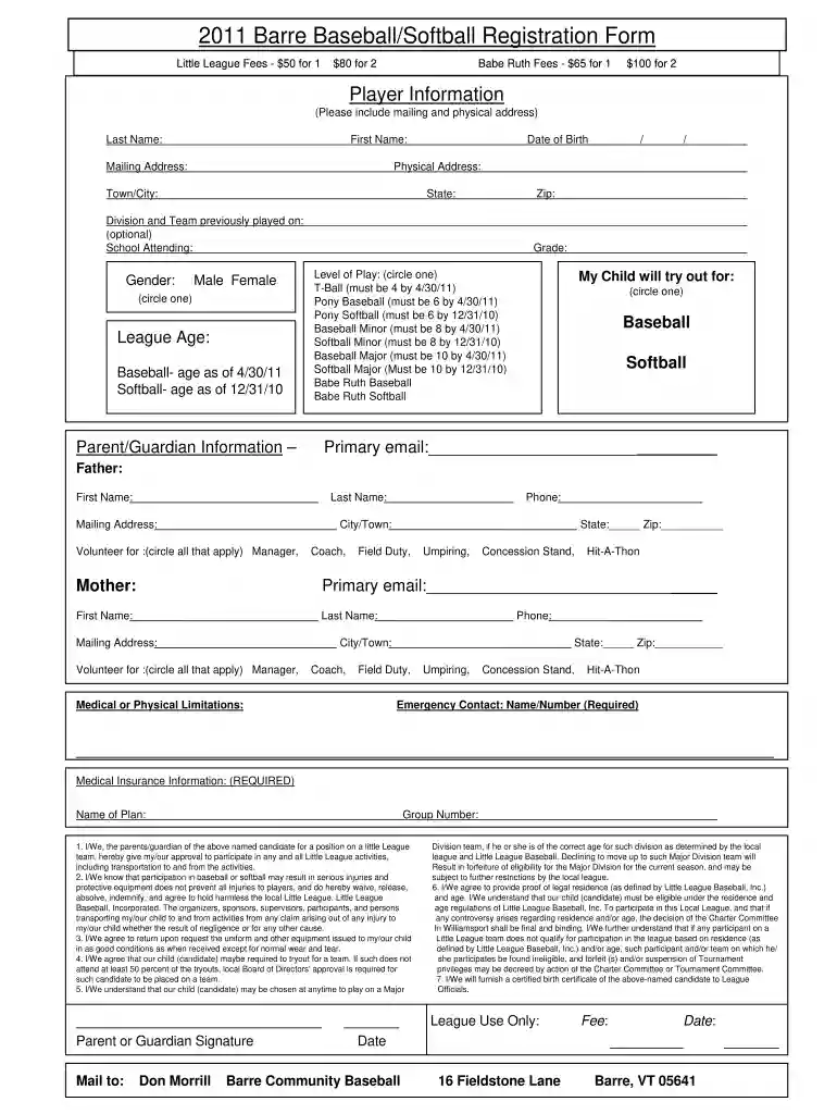 softball registration form template Preview on Page 1