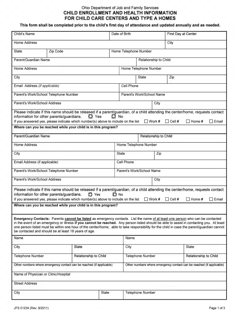 child enrollment form Preview on Page 1