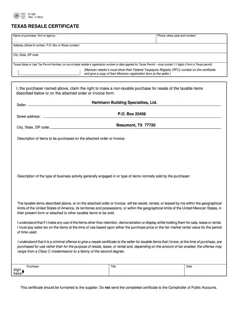 texas resale certificate Preview on Page 1
