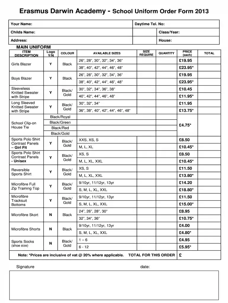 uniform order form Preview on Page 1