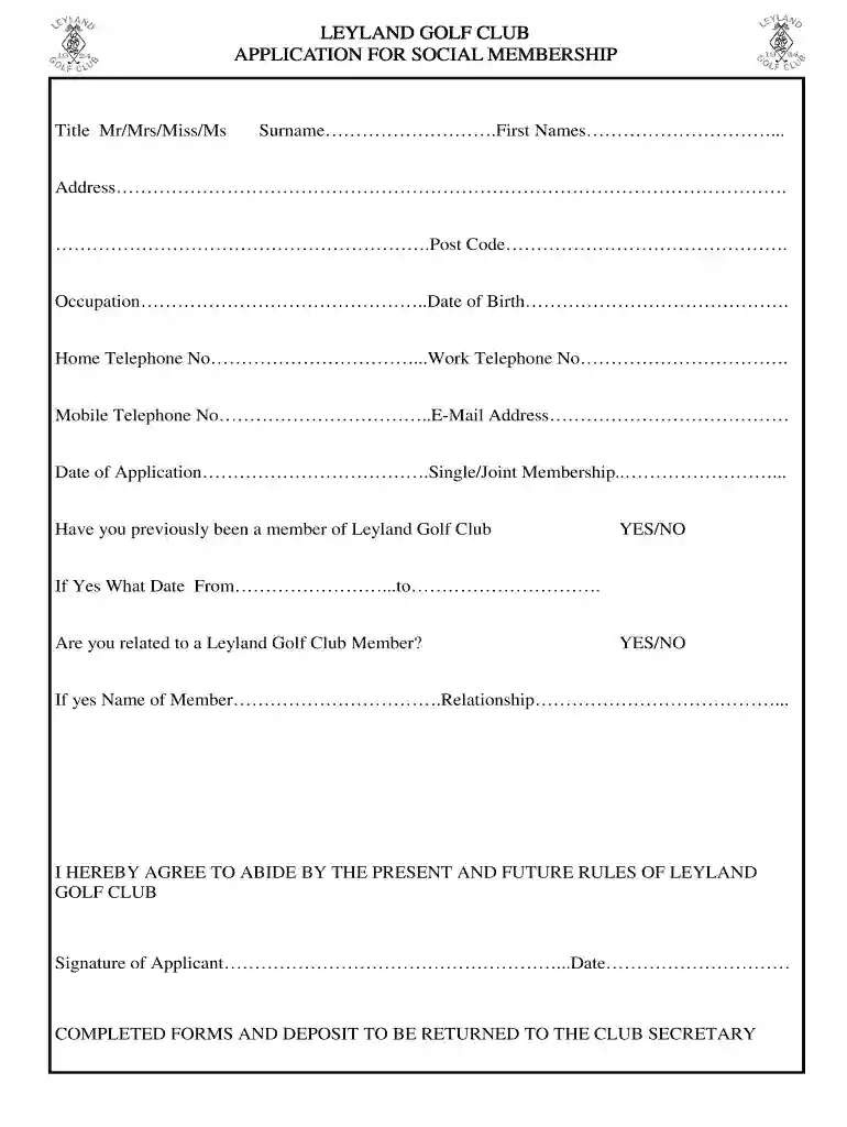 club membership form pdf Preview on Page 1