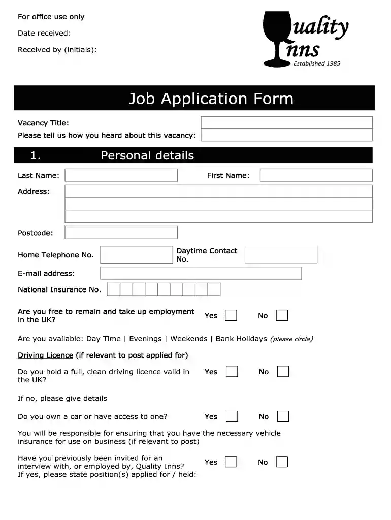 quality inn application Preview on Page 1