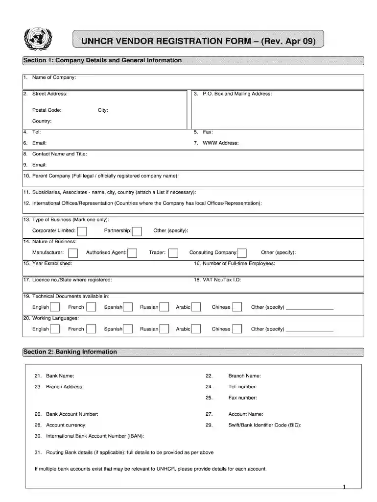 unhcr vendor registration form Preview on Page 1