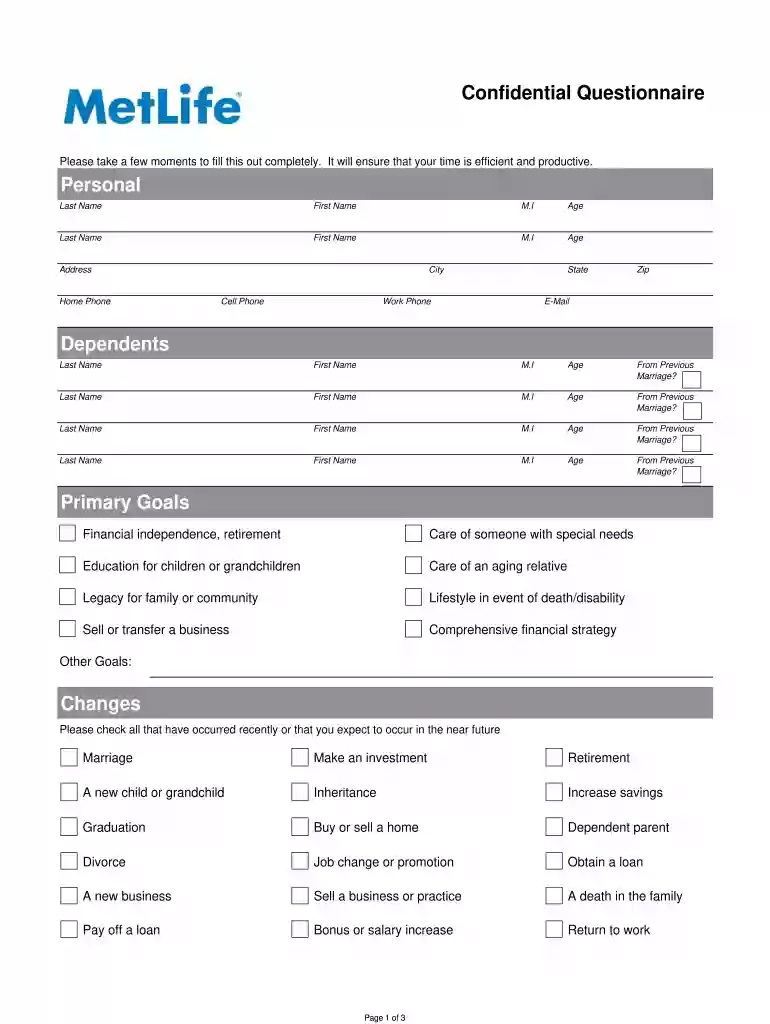 financial confidential questionnaire template form Preview on Page 1