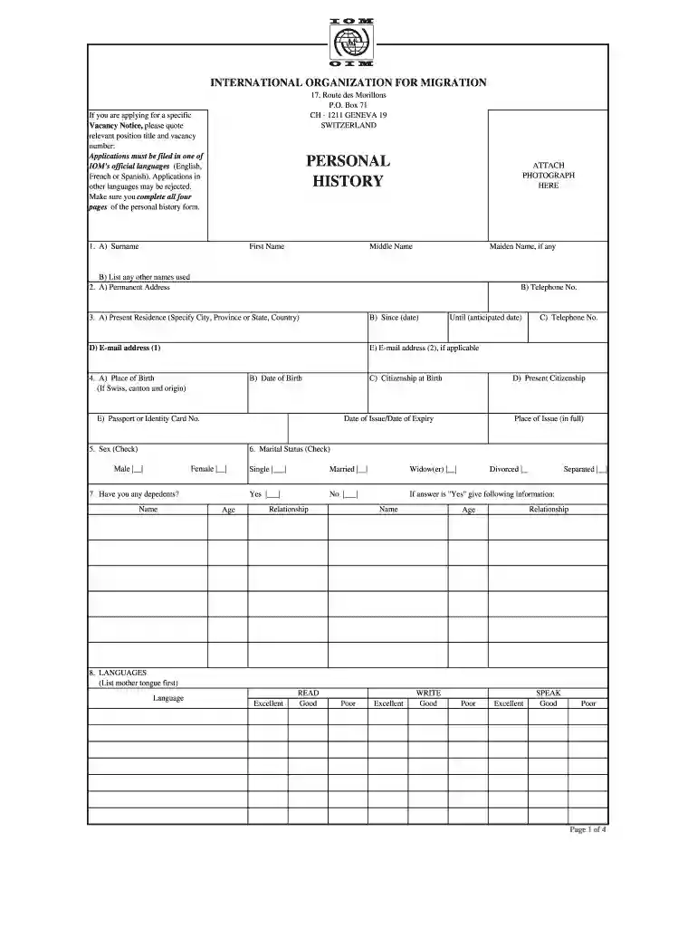 iom personal history form Preview on Page 1