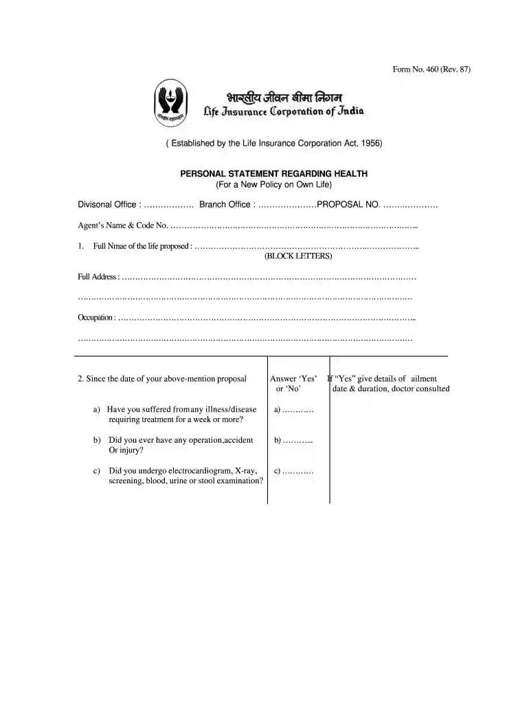 lic personal statement regarding health form filled sample Preview on Page 1