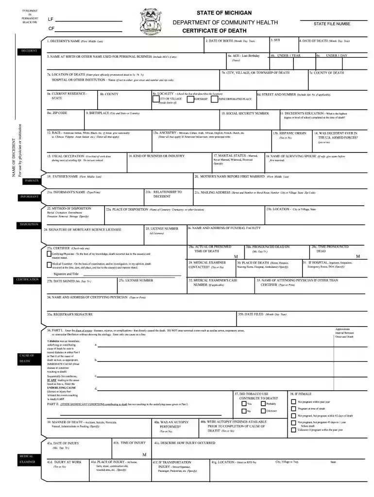 michigan death certificate pdf Preview on Page 1