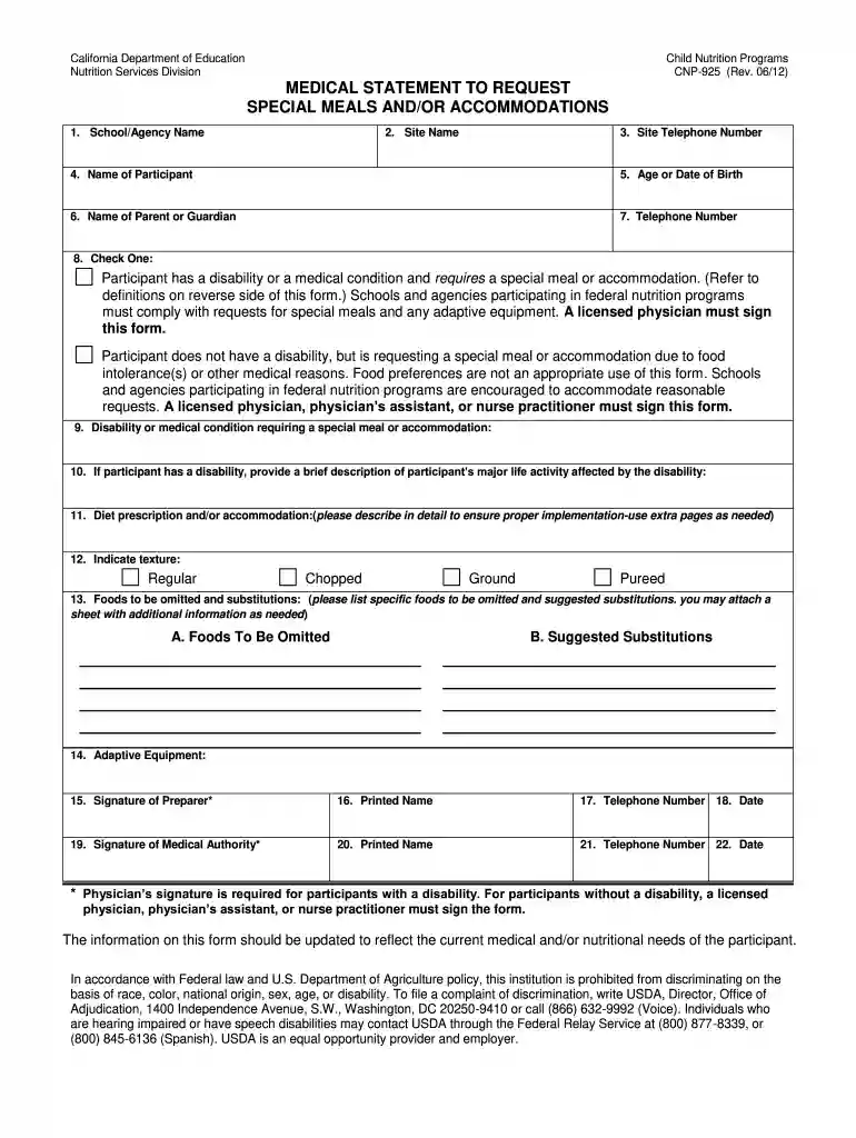medical statement to request special meals andor accommodations cnp 925 2012 form Preview on Page 1