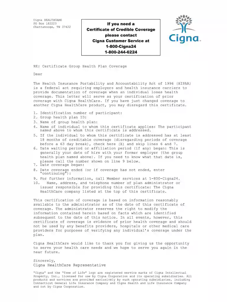 certificate of creditable coverage Preview on Page 1
