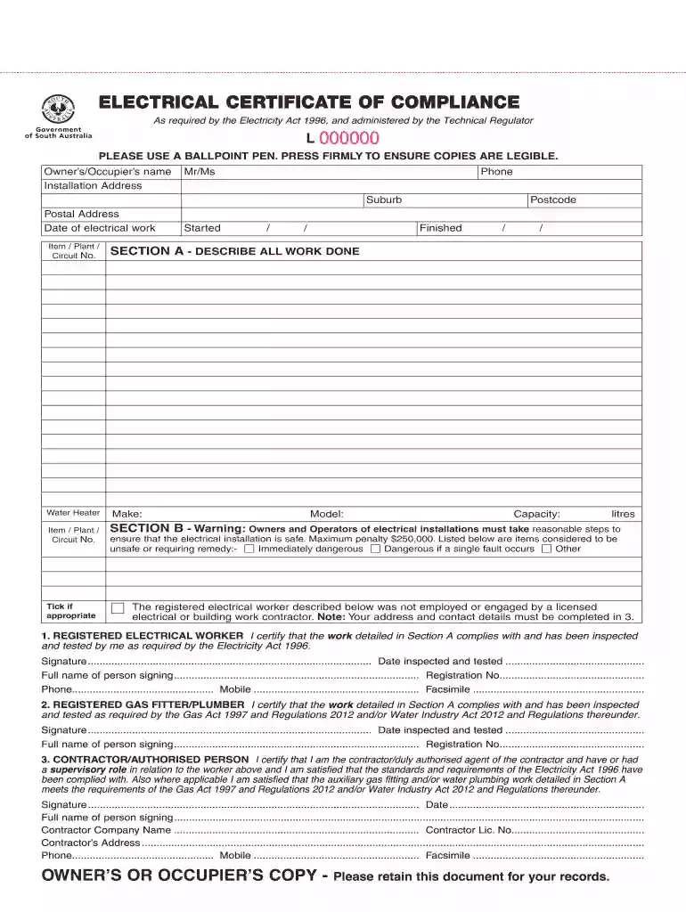 electrical certificate of compliance template Preview on Page 1