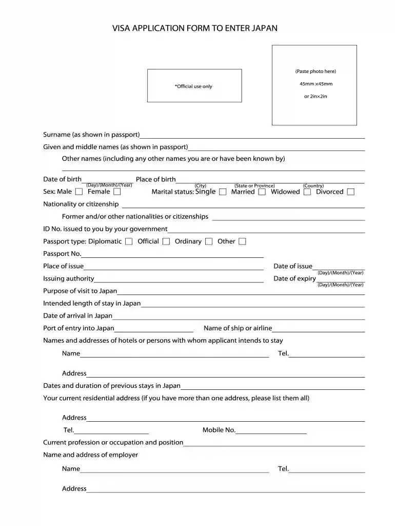 Japan Visa Application Form Word Format Preview on Page 1