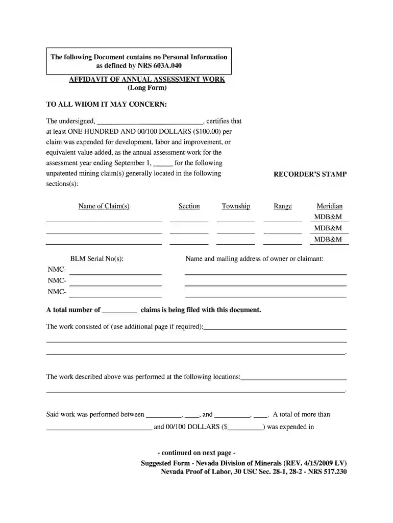 nv division of mineralsaffidavit of annual assessment work form Preview on Page 1