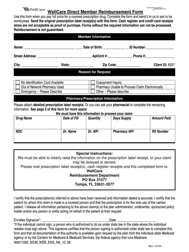 wellcare reimbursement form Preview on Page 1