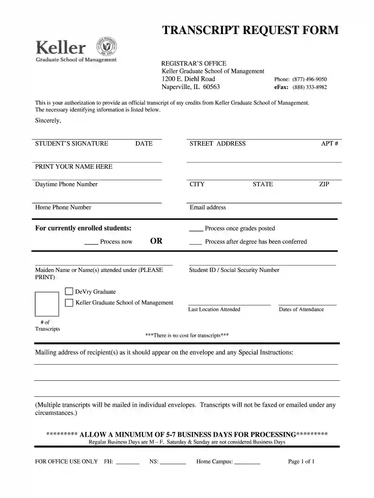keller graduate school of management transcript request Preview on Page 1