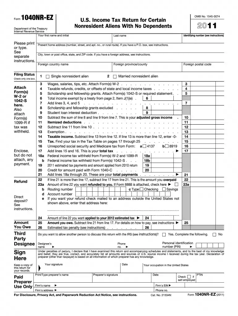 2011 form 1040nr ez Preview on Page 1