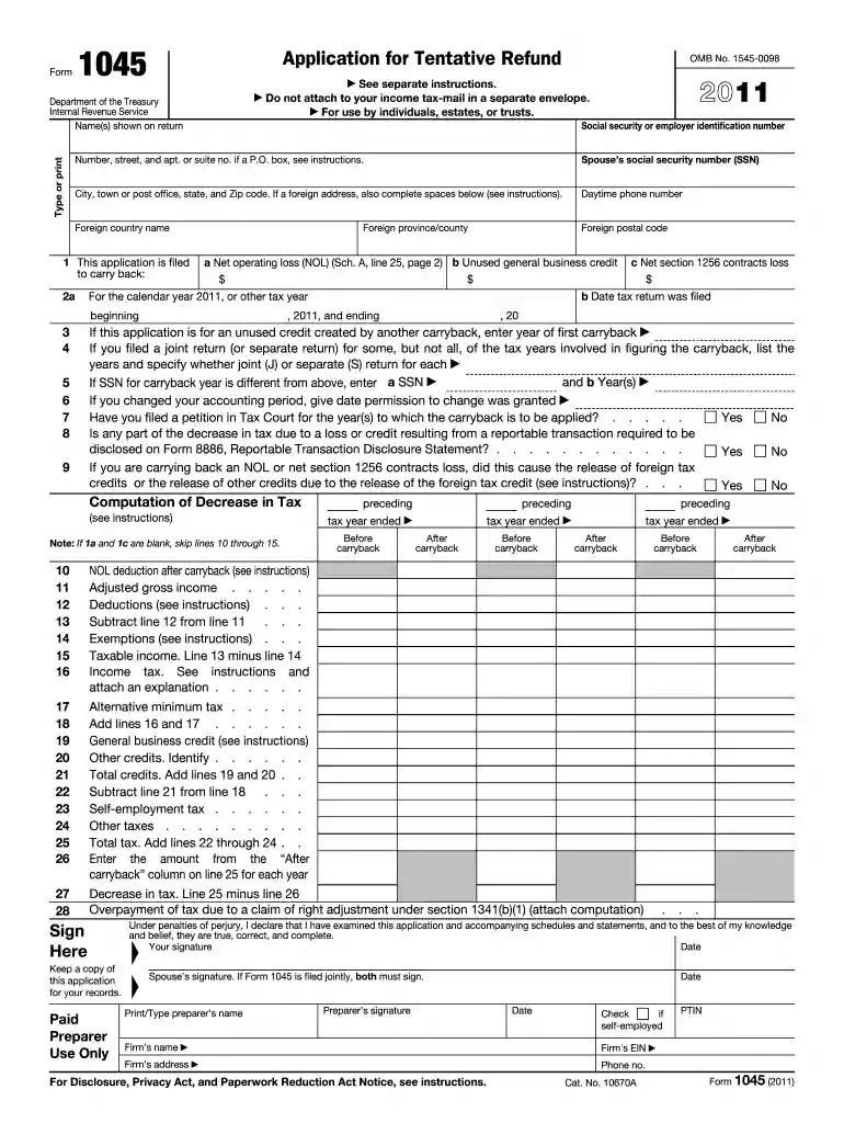 form 1045 Preview on Page 1