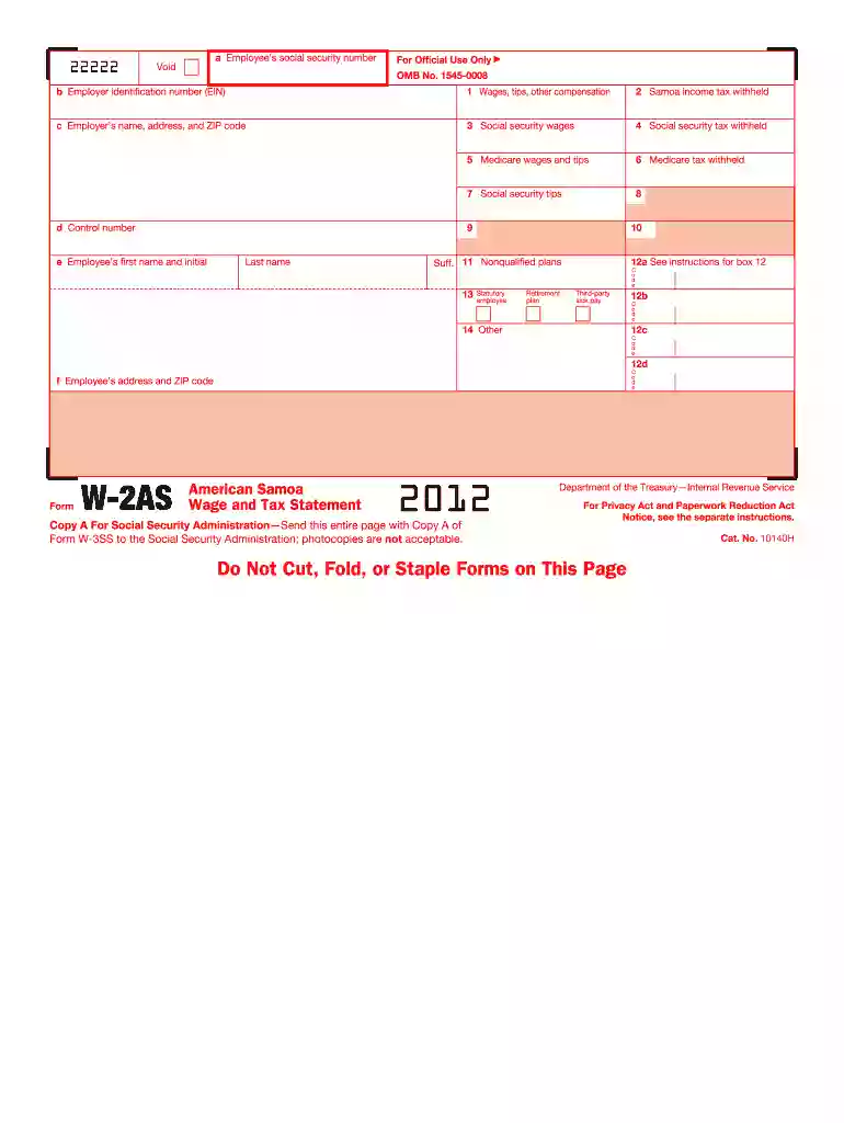 2012 Form W-2 AS - Internal Revenue Service Preview on Page 1