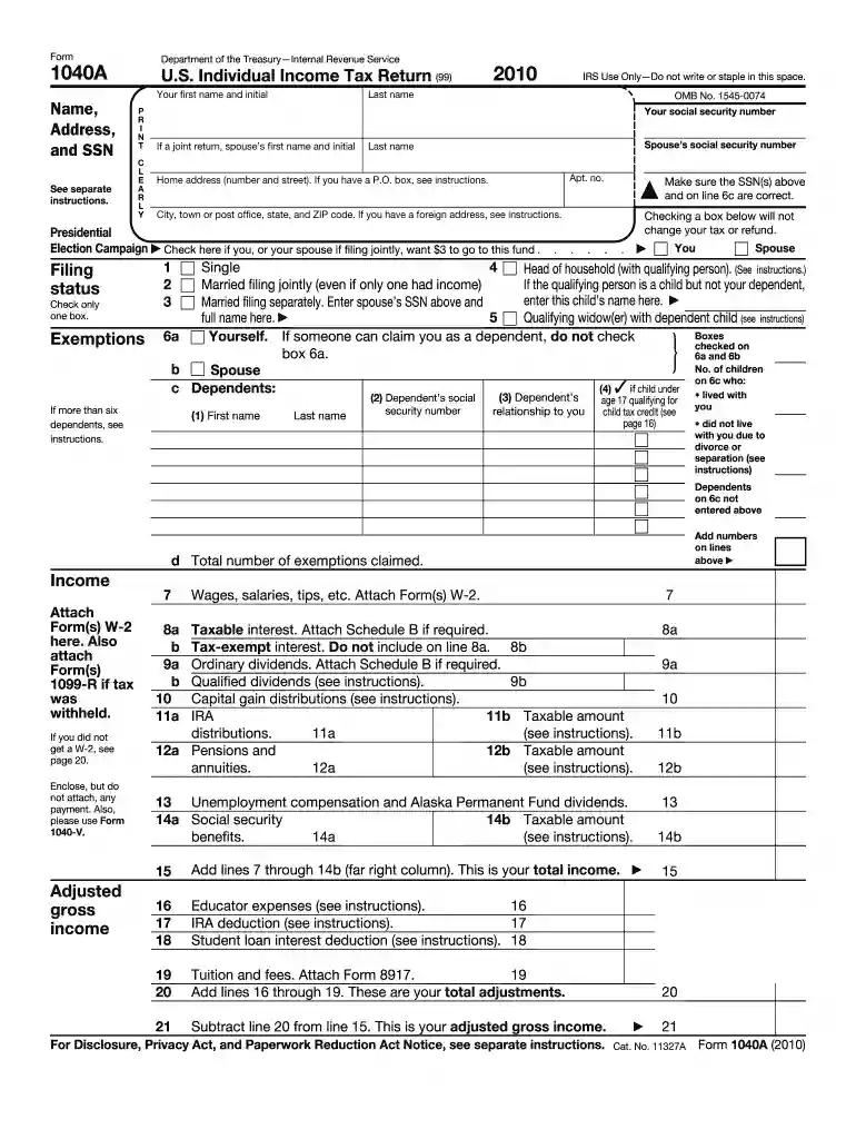 form 1040a 2010 Preview on Page 1