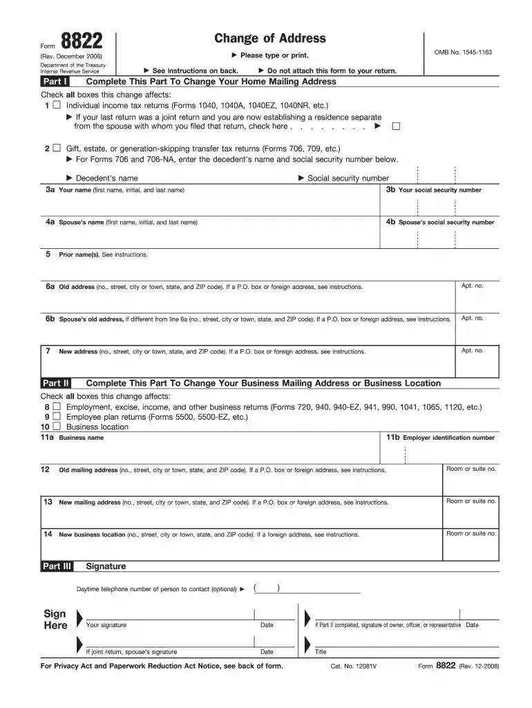form 8822 Preview on Page 1