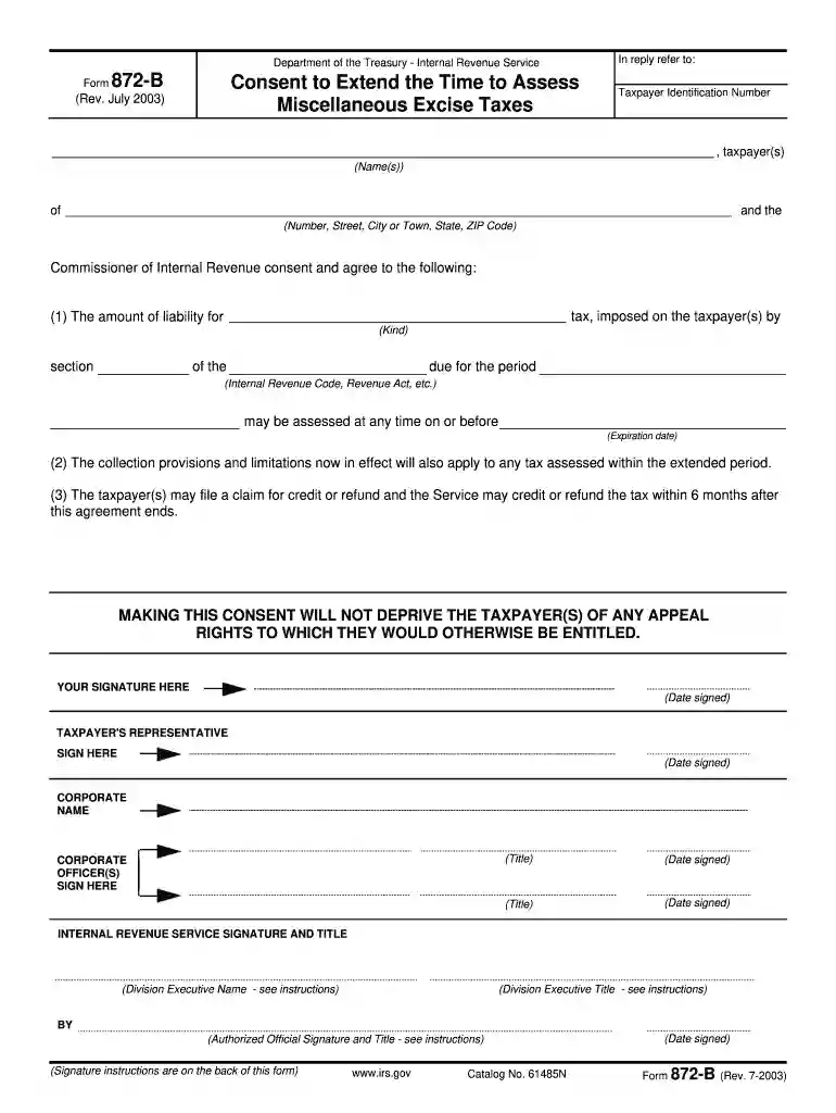 Form 872-B (Rev July 2003), (Fill-In Capable) Preview on Page 1