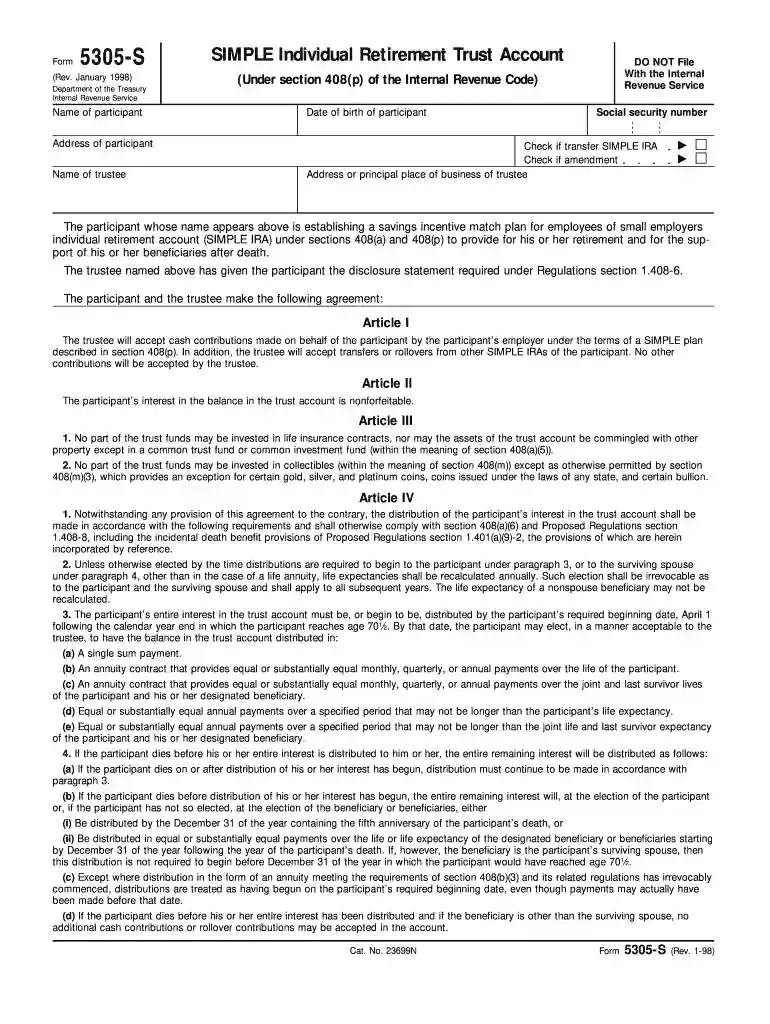 form 5305 simple 1998 Preview on Page 1