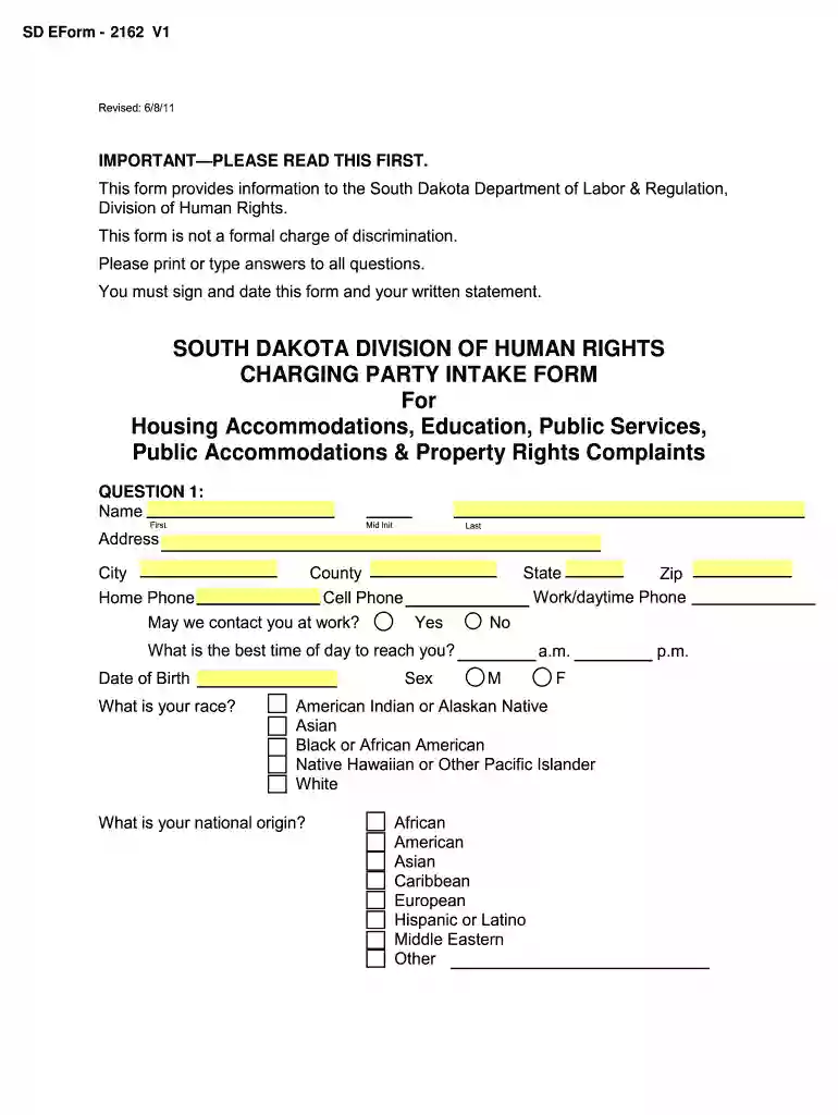 Charging party intake form - State of South Dakota - state sd Preview on Page 1