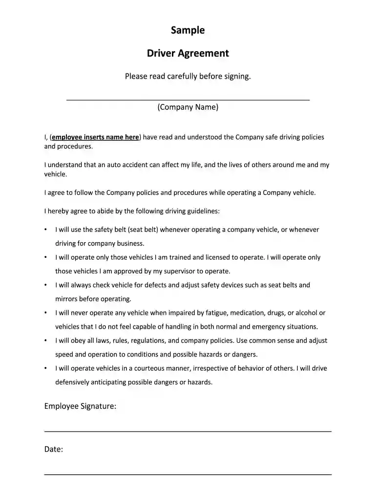 driver agreement form template Preview on Page 1