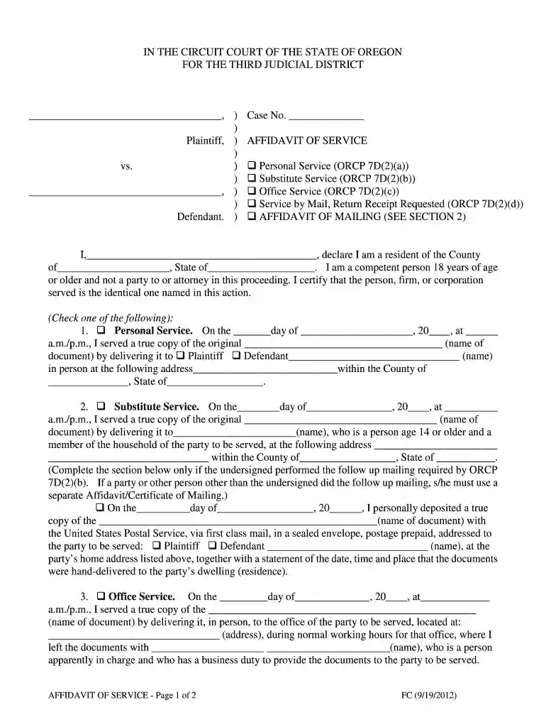 proof of service form oregon Preview on Page 1
